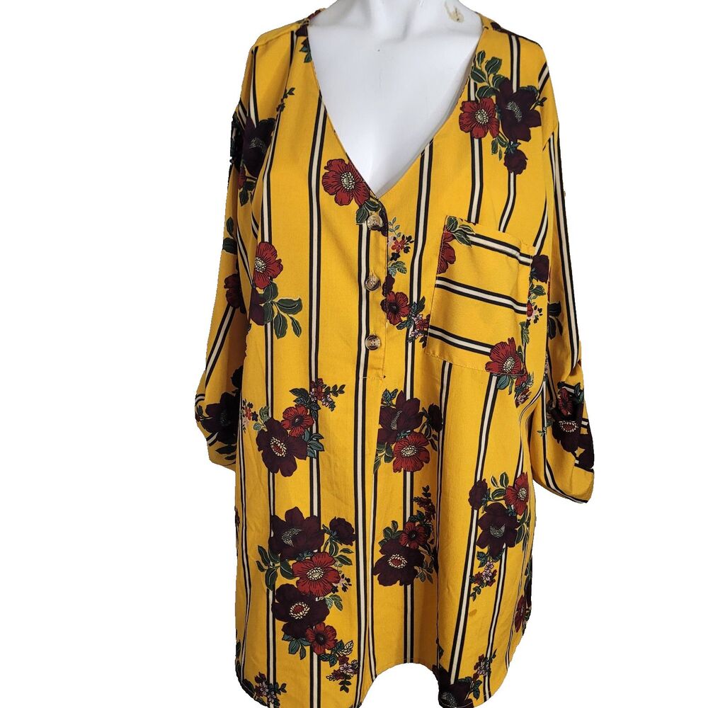 MPH Collection 1X blouse flower striped button pocket v-neck lightweight